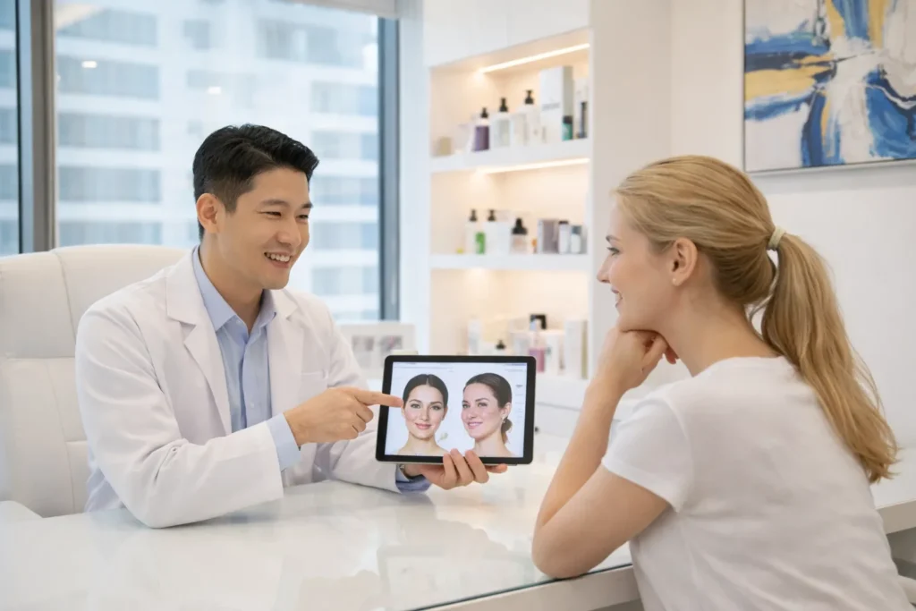 Foreign patient consultation at a Korean dermatology clinic with professional skincare guidance