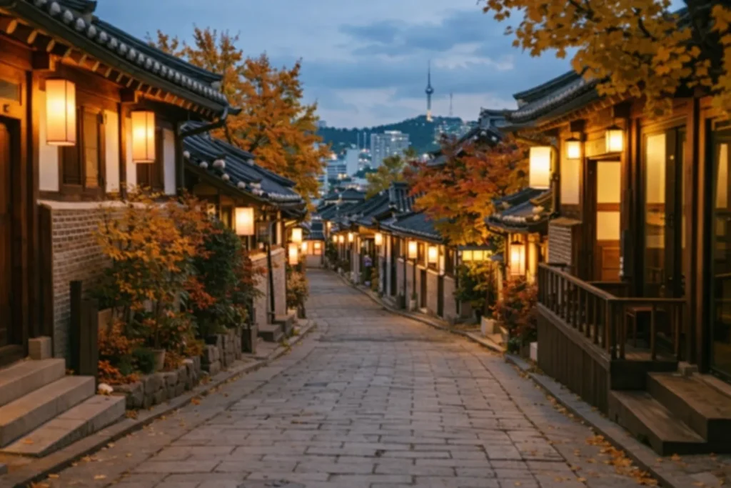 Empty traditional Korean hanok village street in autumn with warm lights and no people, peaceful Seoul travel scene