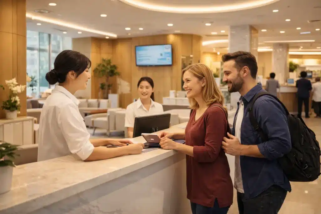 International patient reception desk inside modern Korean hospital for medical tourism