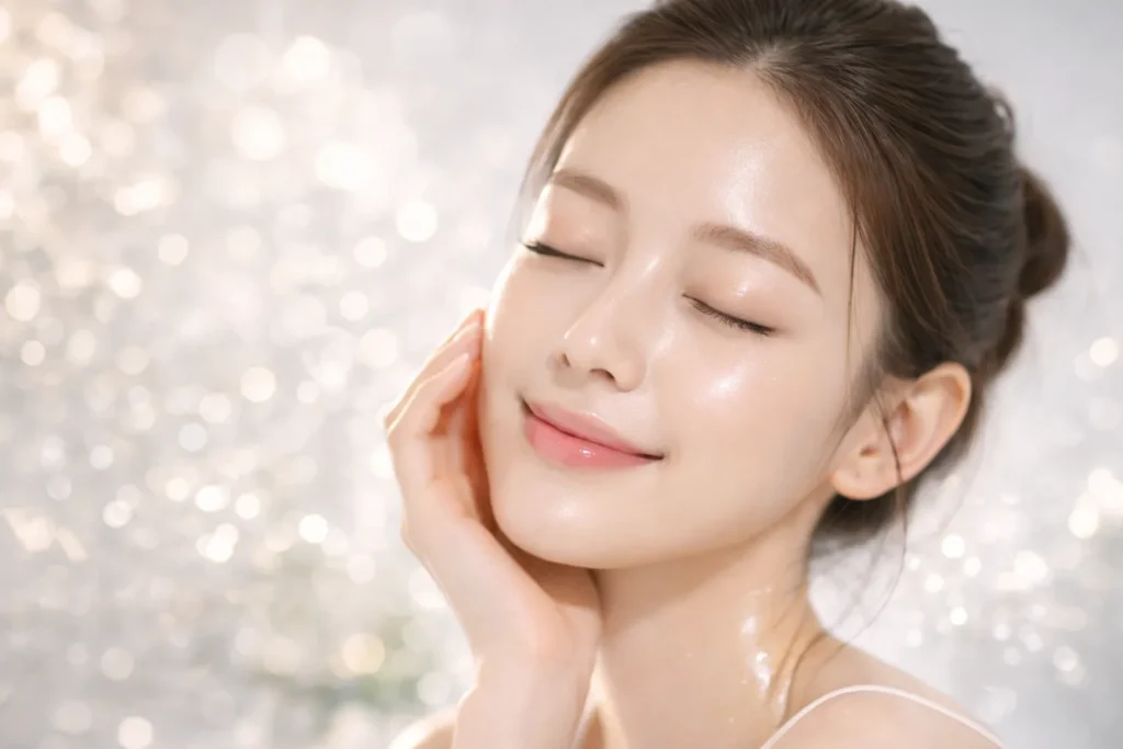Close-up of Korean glass skin with dewy glowing complexion and smooth texture