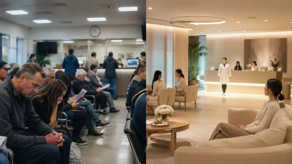 comparison of crowded Western hospital waiting room vs efficient Korean clinic system fast medical care Korea