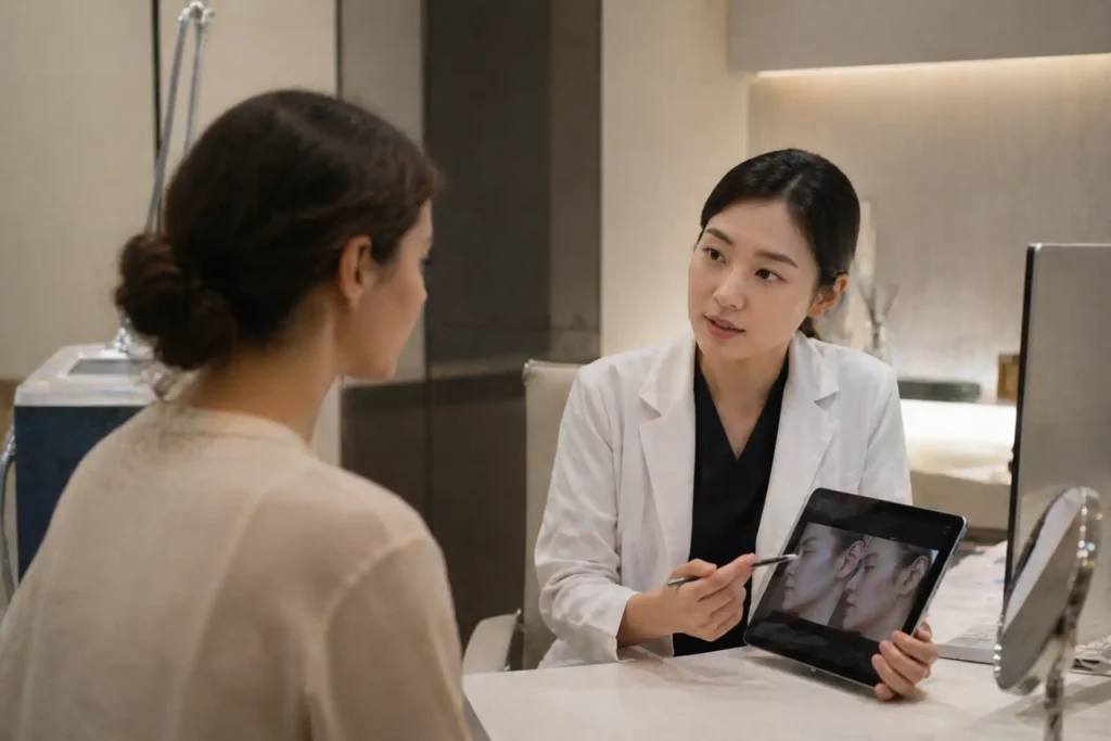 doctor consultation in Korean clinic explaining results to international patient fast treatment Korea