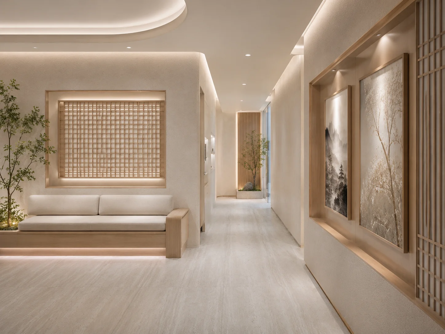 Calm Korean medicine clinic waiting corridor with bench seating, warm lighting, and traditional lattice design