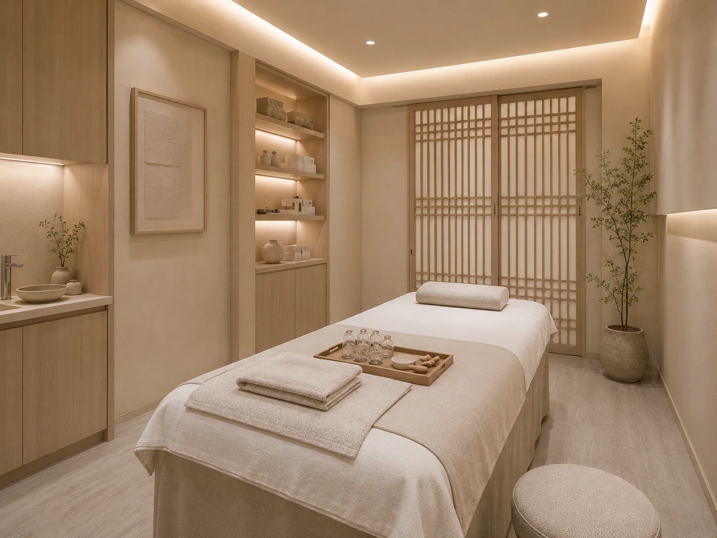 Korean medicine treatment room with prepared bed, folded towels, cupping cups, and soft traditional design