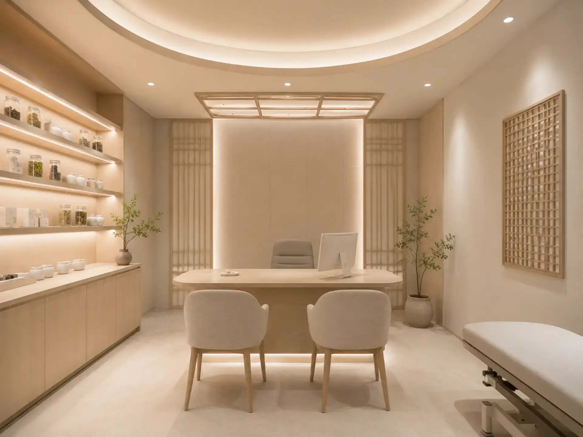 Korean medicine consultation room with doctor desk, herbal shelves, exam bed, and warm Korean design details