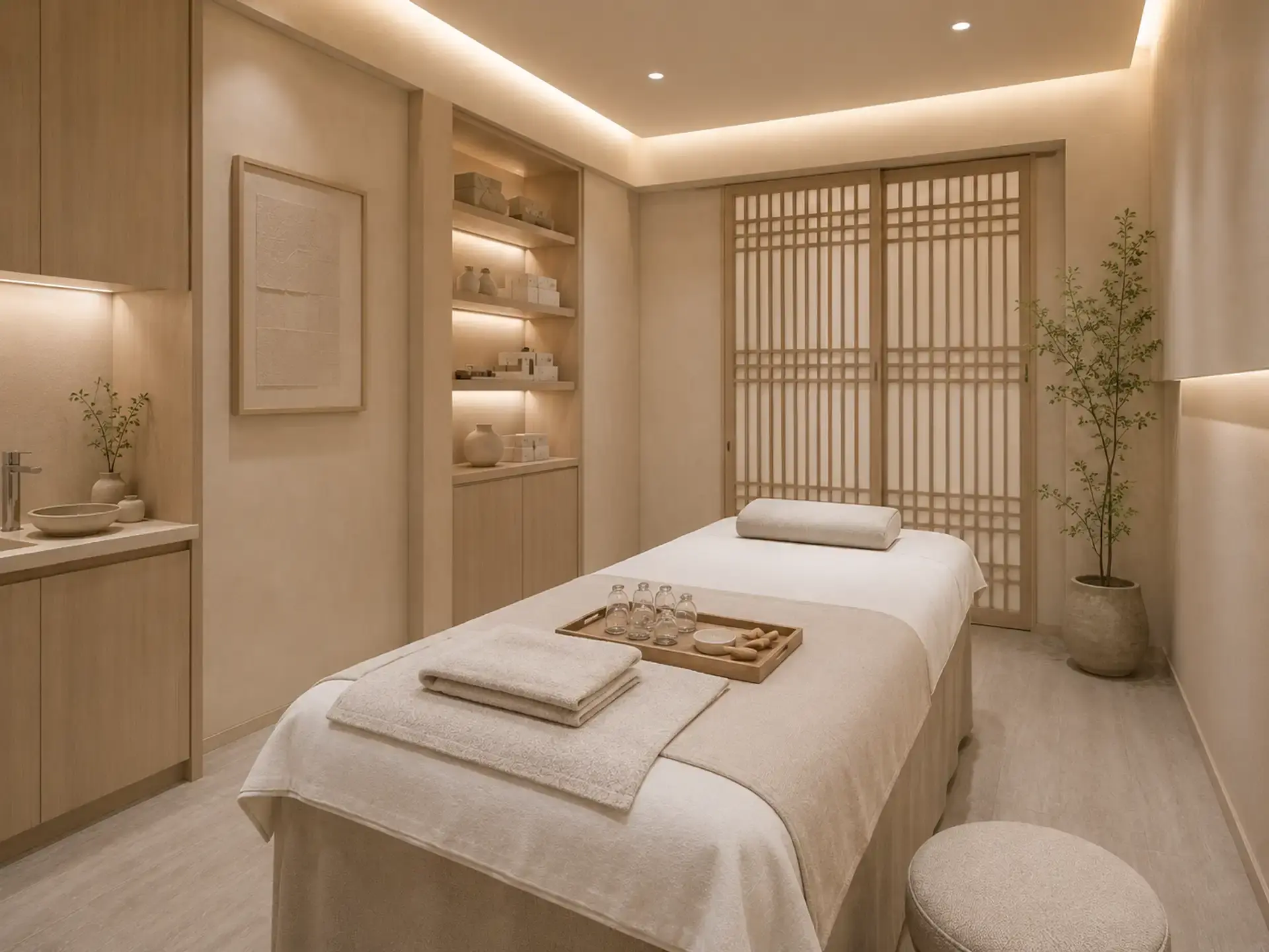 Korean medicine treatment room with prepared bed, folded towels, cupping cups, and soft traditional design