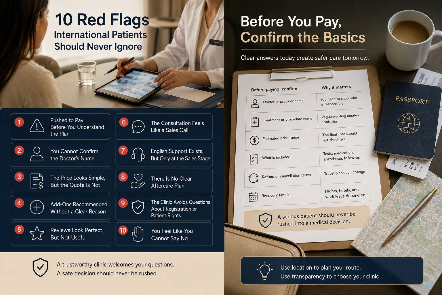 International patient reviewing clinic red flags and payment checklist before booking medical care in Korea.