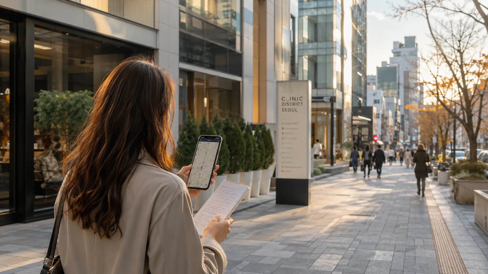 International visitor checking a map and notes while walking through a Seoul clinic district near modern medical buildings.