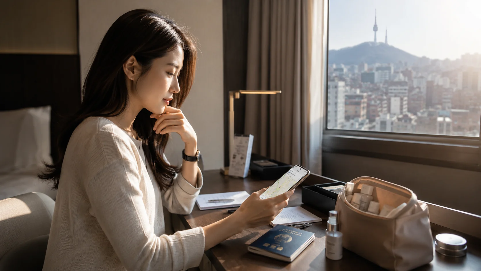 International visitor planning PDRN treatment in Korea from a Seoul hotel desk