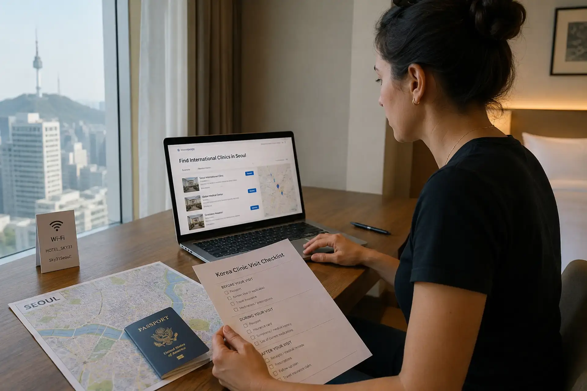 Traveler using a checklist to verify a Korean clinic before booking medical care in Seoul