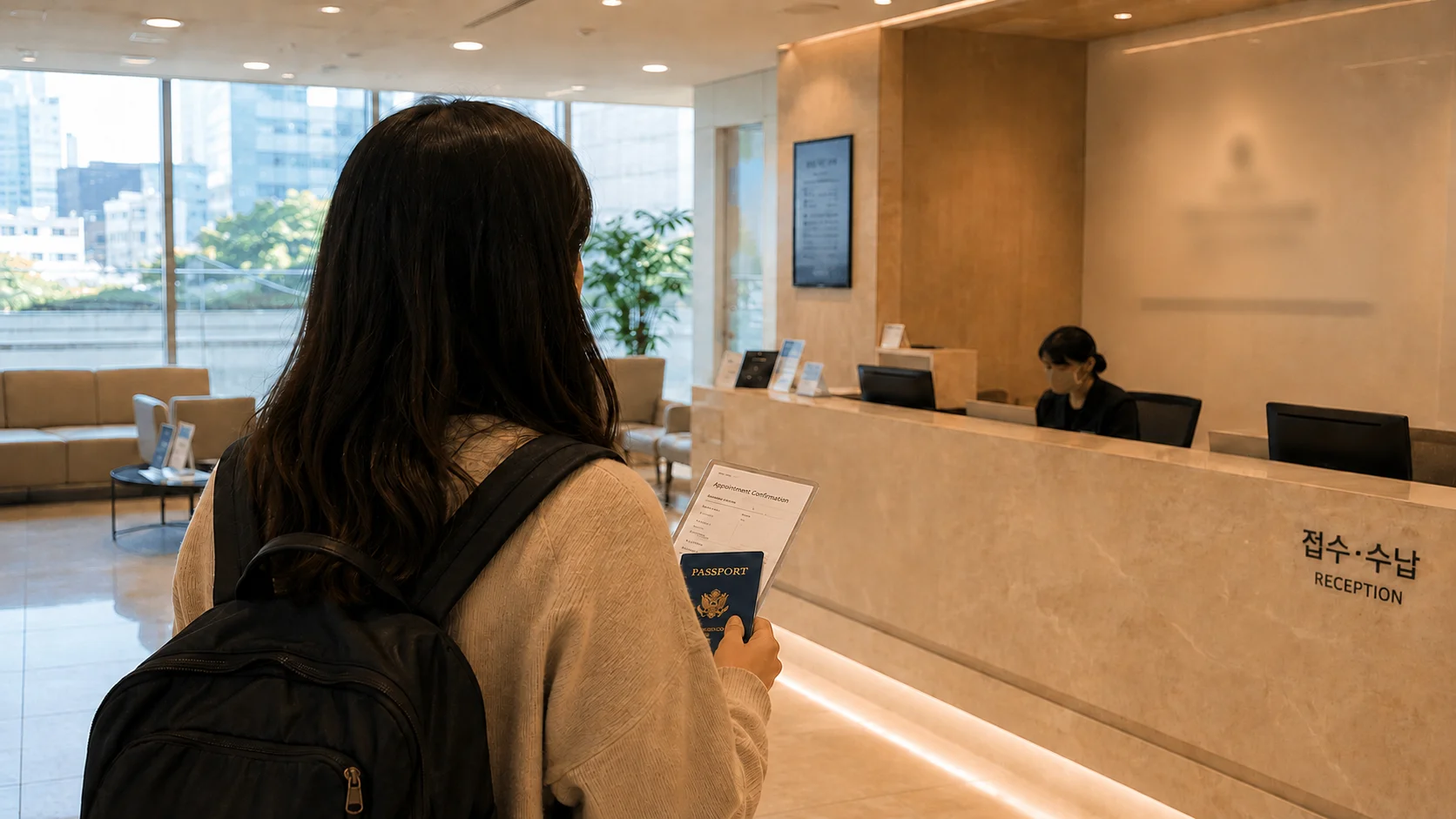 International visitor arriving for a Korean clinic consultation before deciding on treatment.