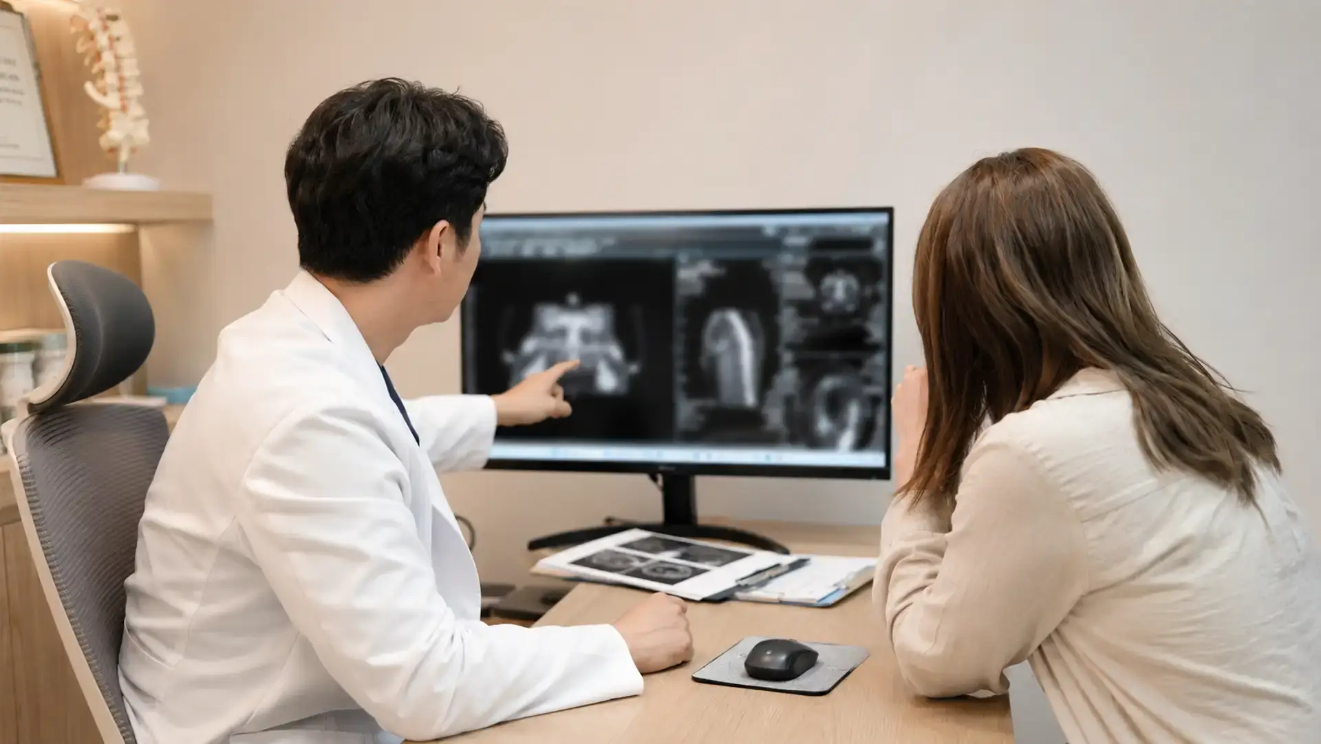 Doctor reviewing clinical information during a Korean clinic consultation before treatment.