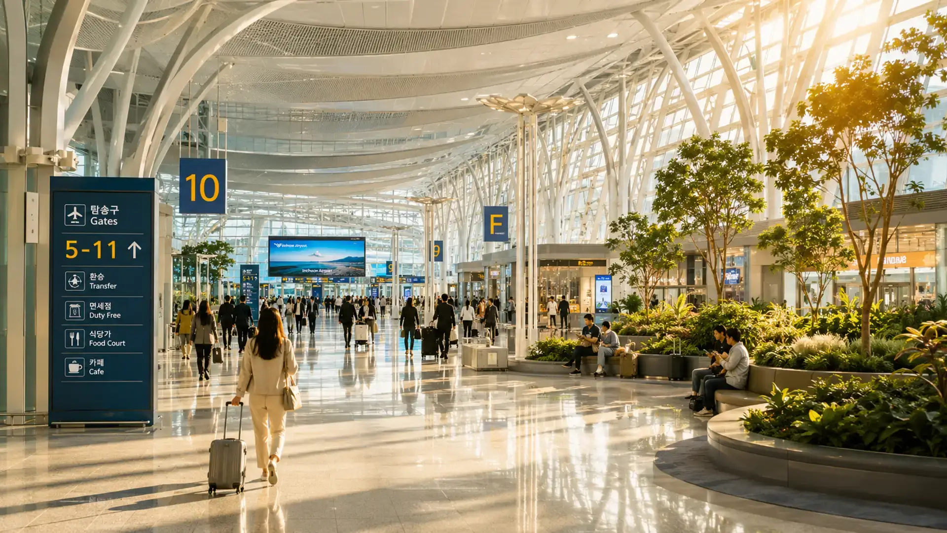 International female traveler walking through the bright modern terminal at Incheon International Airport with a carry-on suitcase.