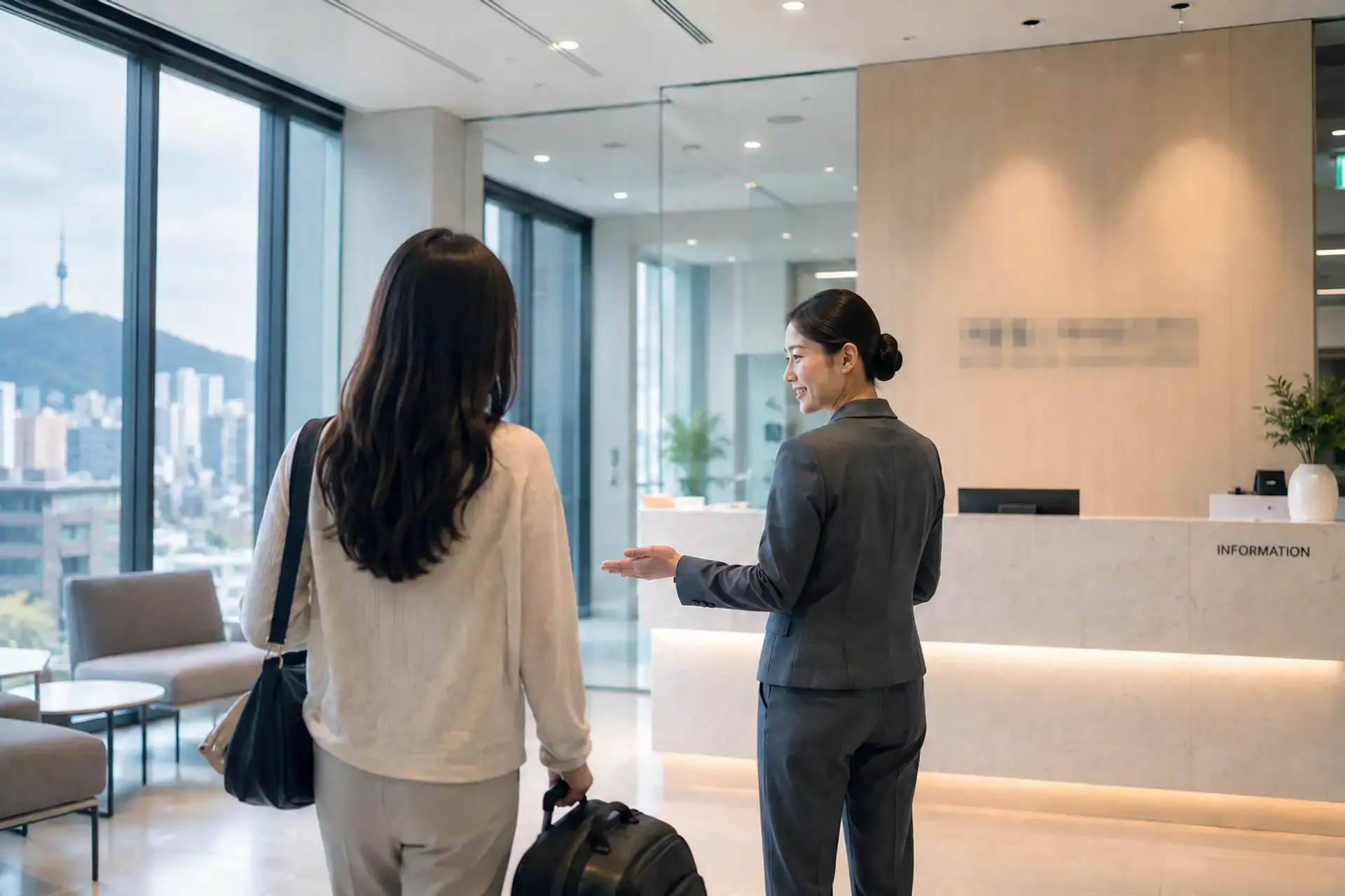 American visitor arriving at a modern Seoul center for a Korea health checkup