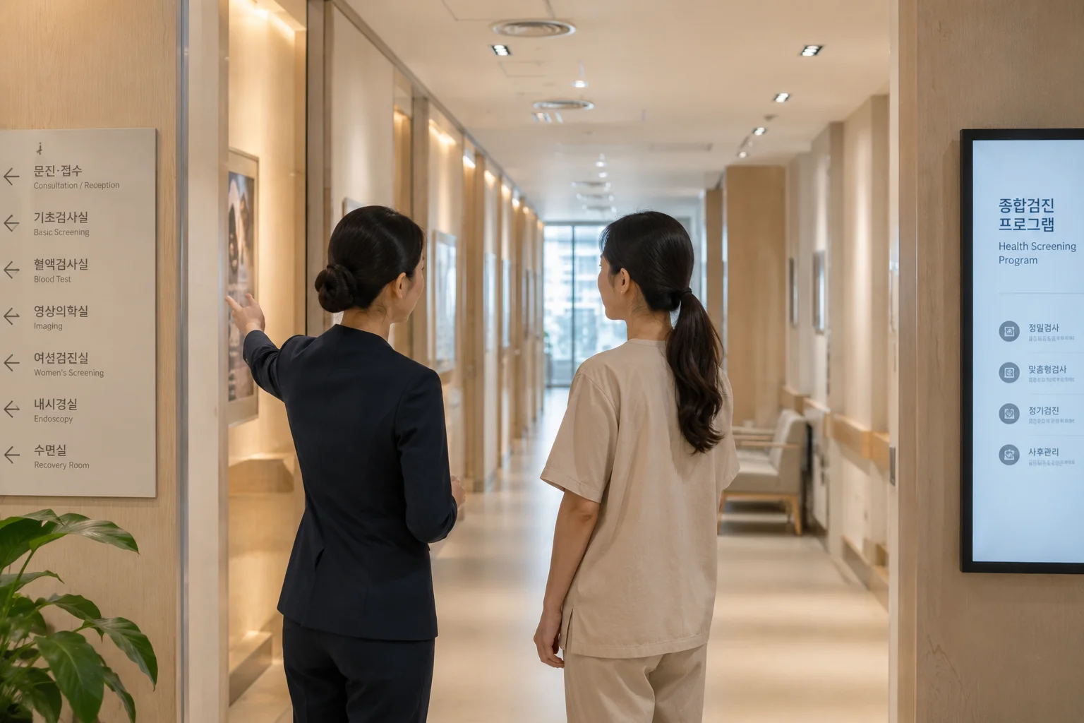 Korean screening coordinator guiding an international visitor through a scheduled checkup process