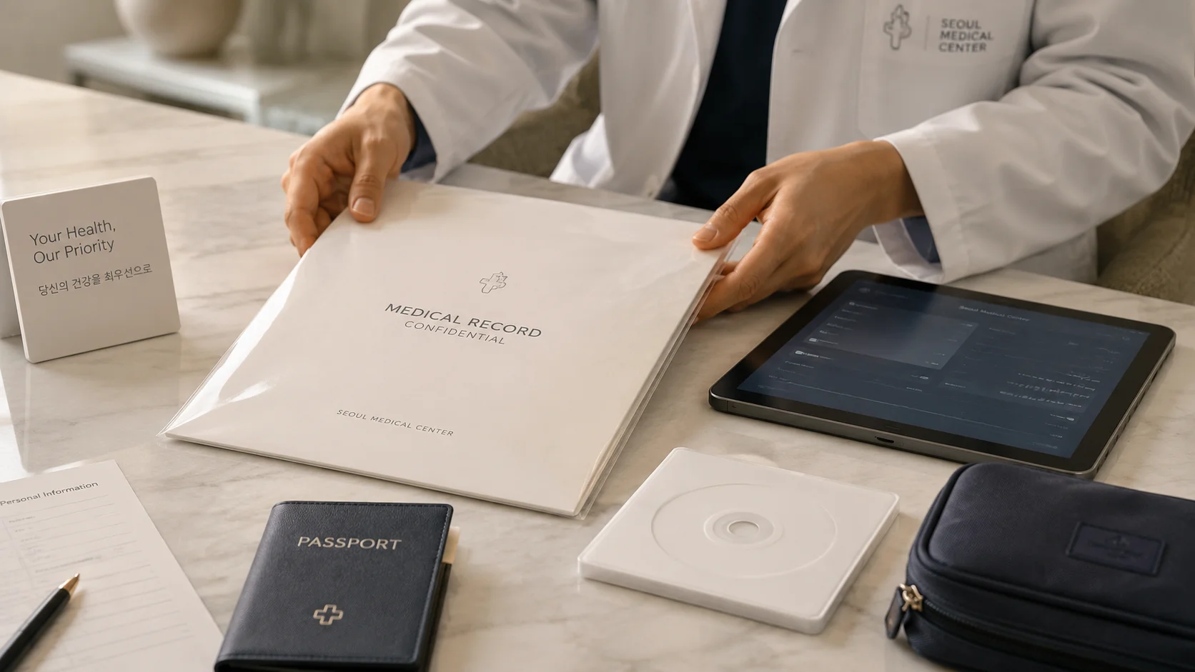 Organized health screening records and imaging files prepared for international follow-up care