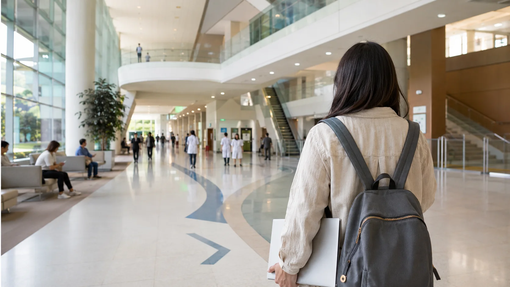 International visitor navigating a large Korean hospital environment with appointment documents in hand