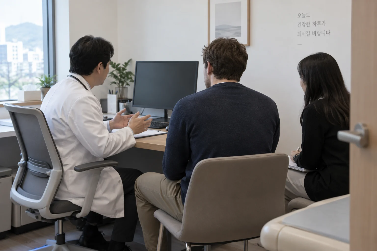International patient speaking with a Korean doctor and coordinator during an outpatient consultation