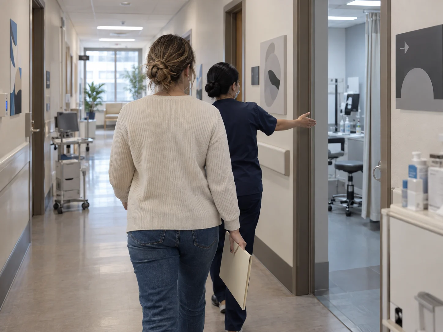 International patient walking through a Korean clinic between consultation and testing areas