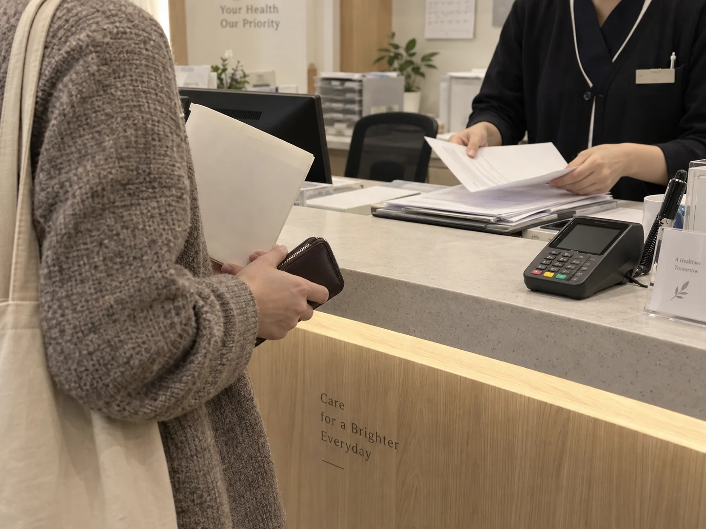 International visitor completing payment and receiving clinic documents after a medical appointment in Korea