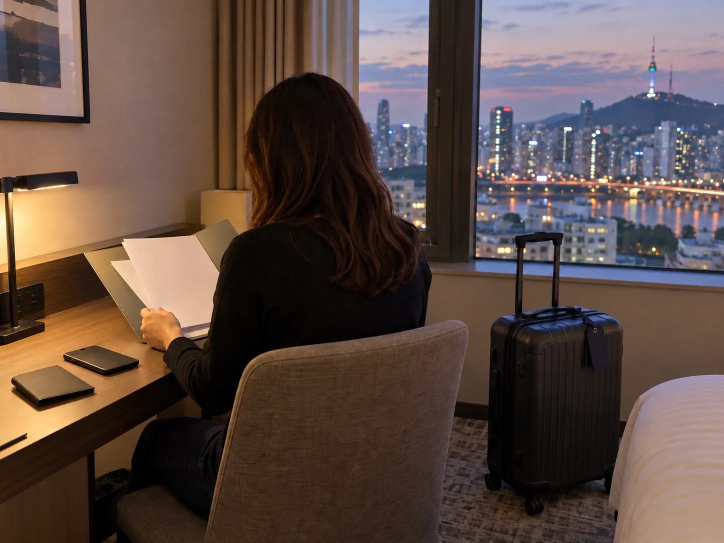 International patient reviewing clinic documents while planning follow-up before leaving Seoul