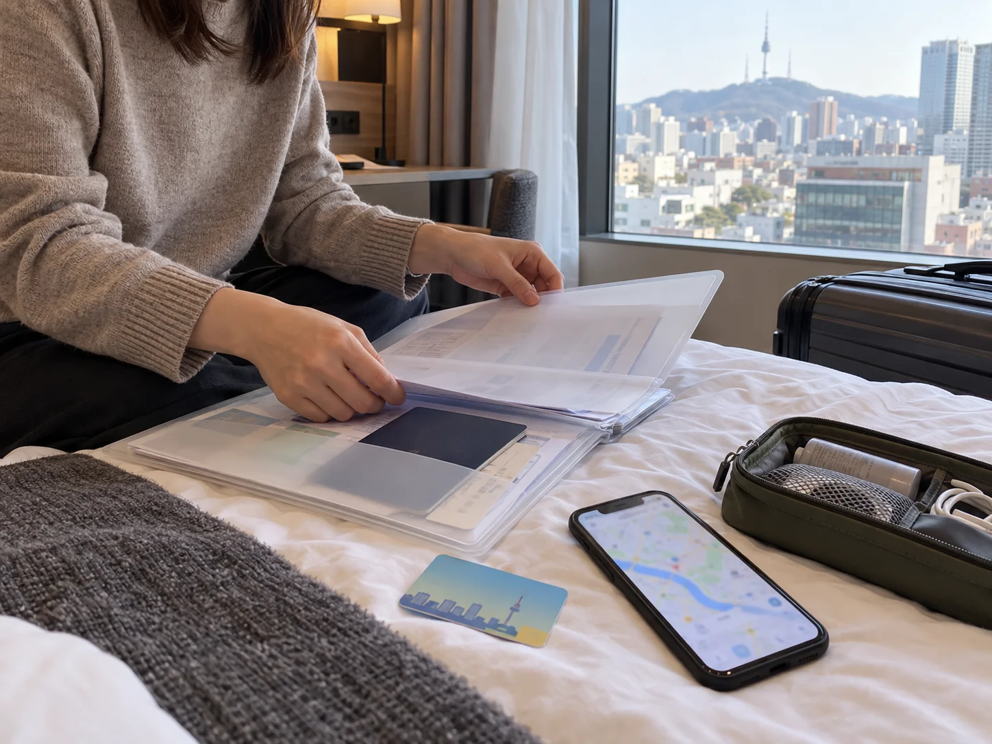 Traveler checking a Seoul clinic location and organizing appointment documents after arriving in Korea