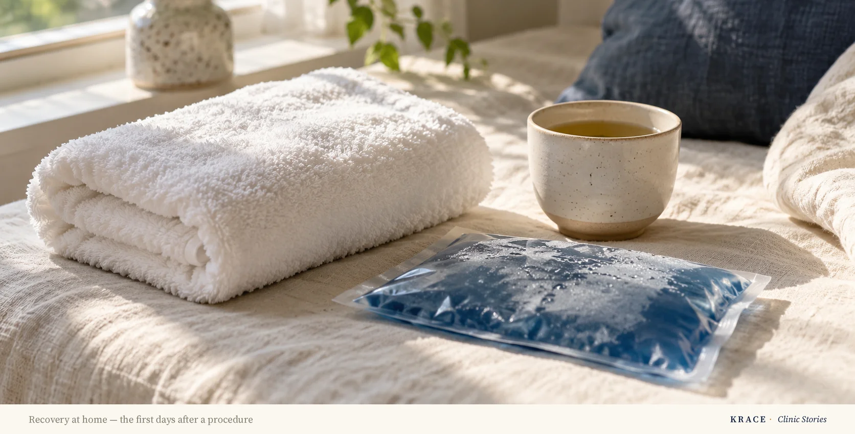 Folded towel, tea and a cold pack on a bed beside a window